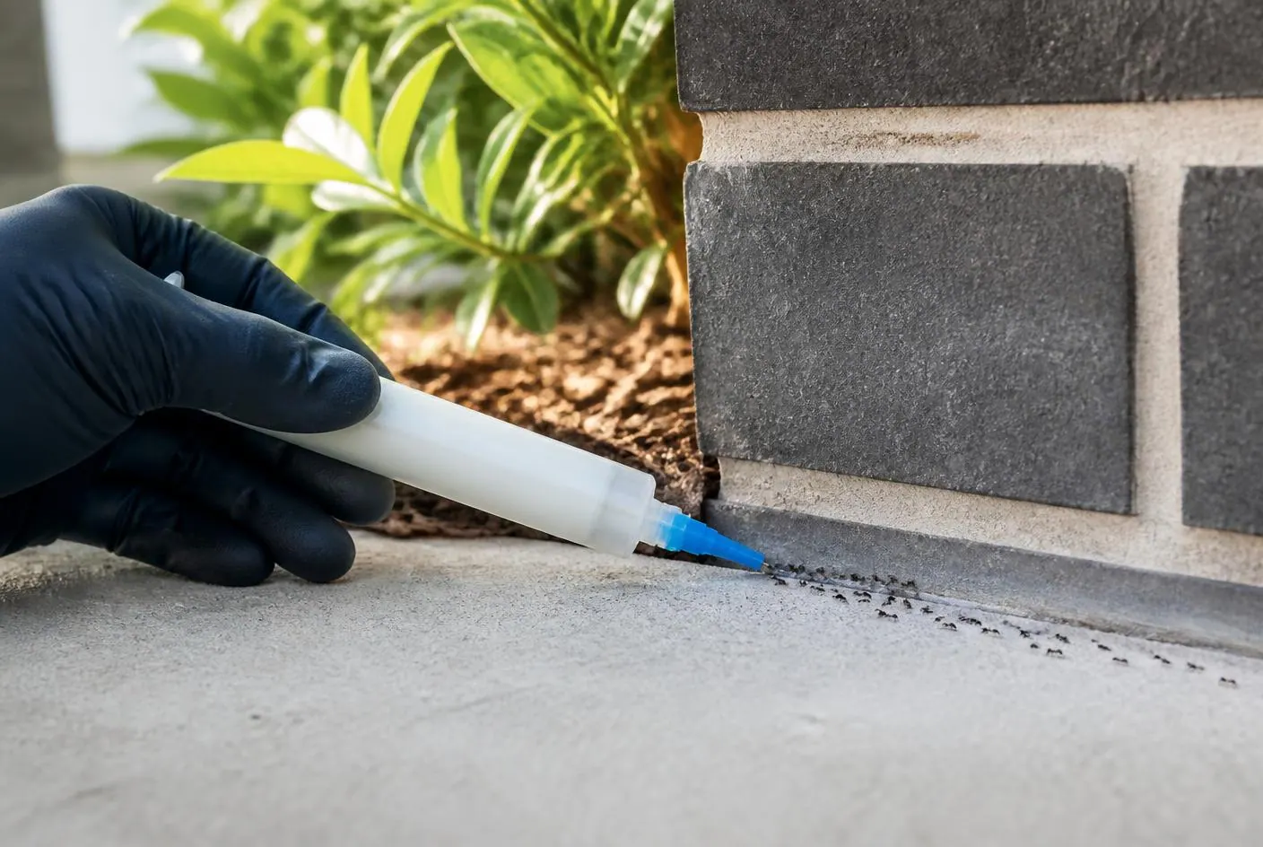 Targeted ant gel treatment being applied where a trail enters a Sydney brick home