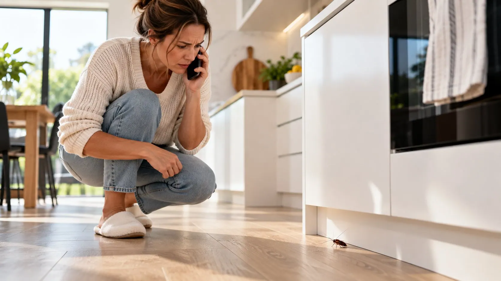 Worried homeowner calling a pest controller after spotting pest activity at home