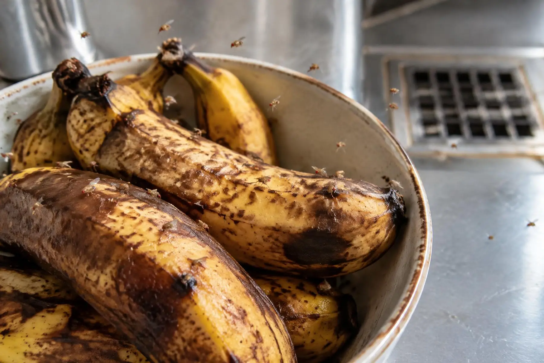 Fruit flies on overripe bananas in a bowl beside a drain grate on a stainless cafe benchtop