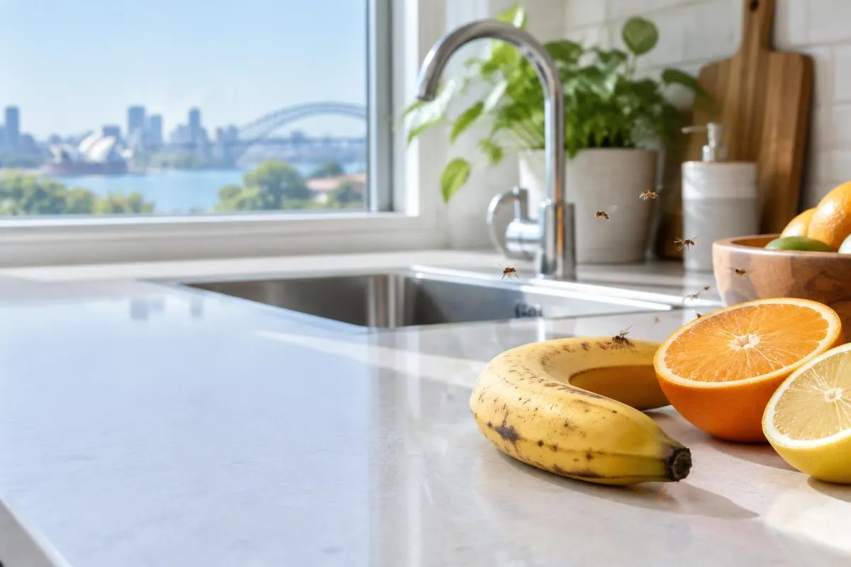 Fruit flies around ripe fruit beside a sink in a Sydney kitchen