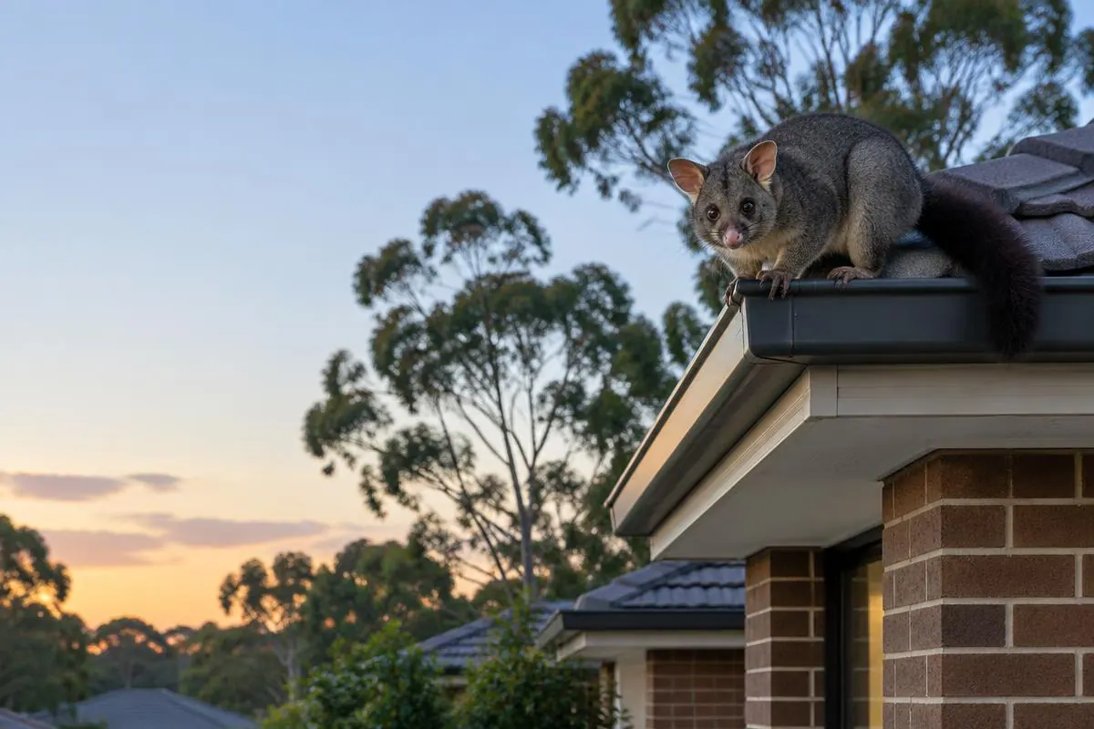 Common brushtail possum on the roof of a Sydney suburban home