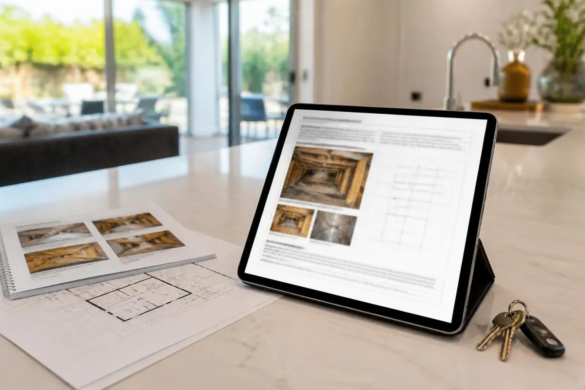 Timber pest inspection report displayed on a tablet beside property plans and keys