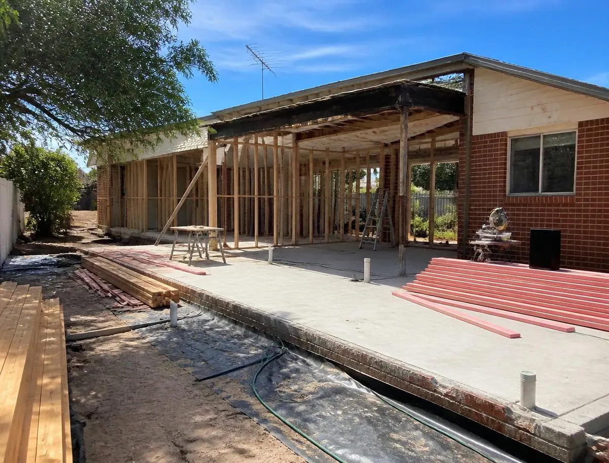 The home has timber flooring, decks or pergolas, a sign checked during termite treatment & barriers