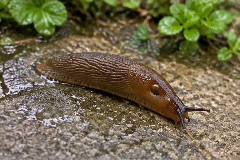 Brown slug without a shell on wet garden paving