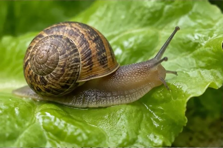 Brown garden snail on a wet lettuce leaf