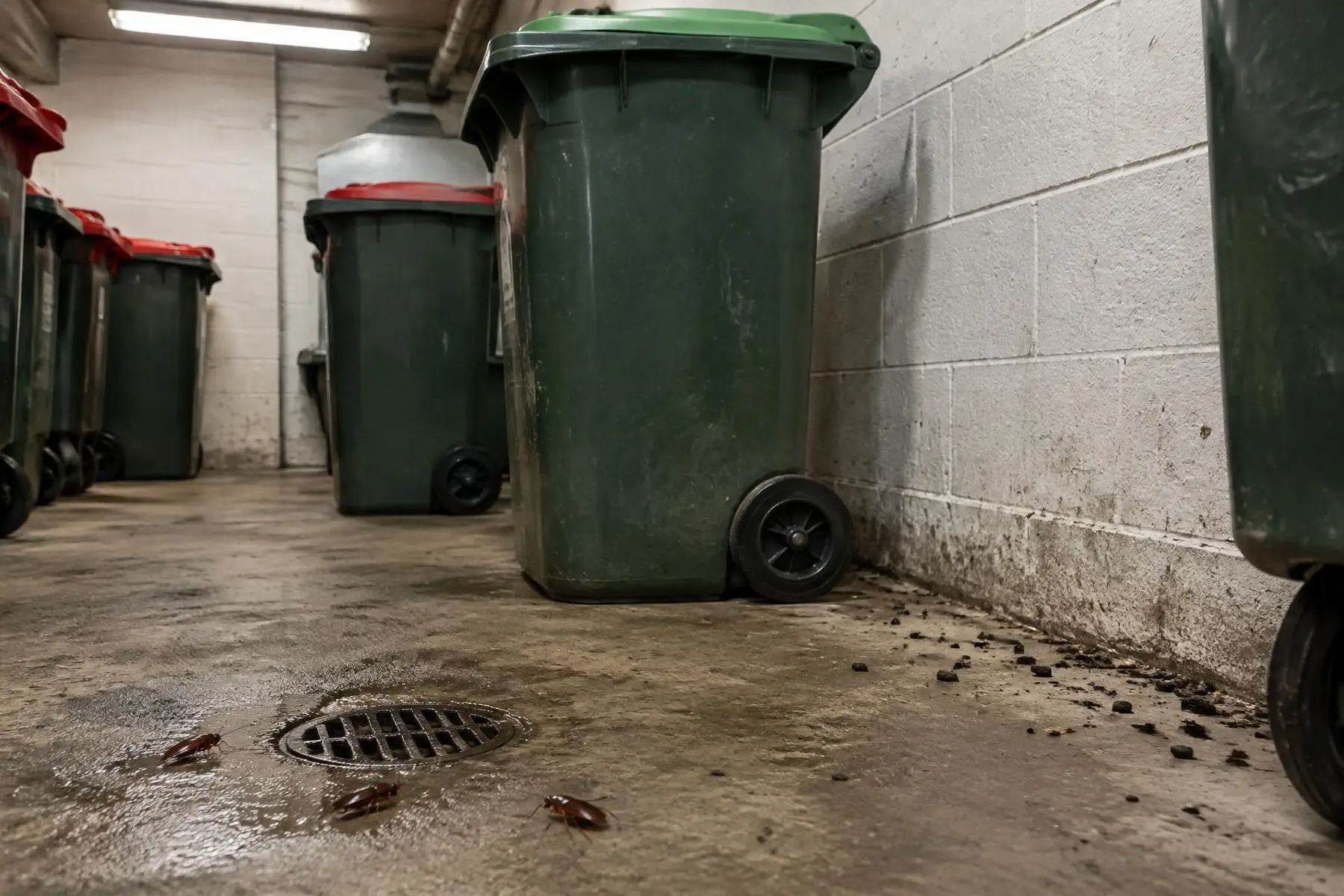 Apartment bin room with wheelie bins, cockroaches near the floor drain and rodent droppings along the wall