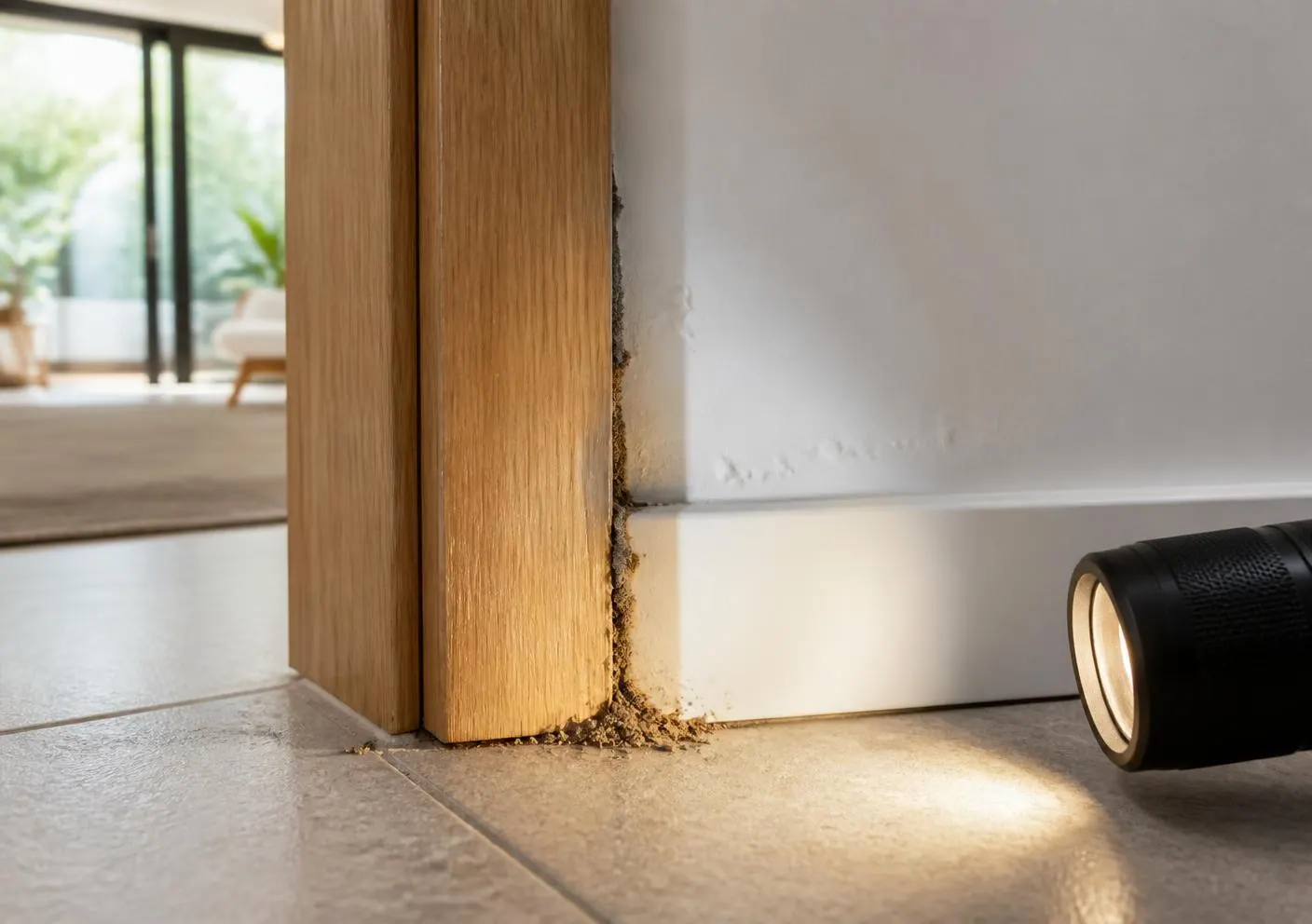Subtle termite damage and a mud lead beside a timber door frame in a Sydney home